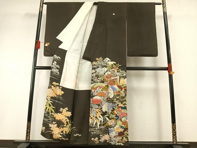 平和屋着物●アンティーク　大正ロマン　黒留袖　刺繍　地紙花文　金糸　金彩　正絹　逸品　AABH4654fy