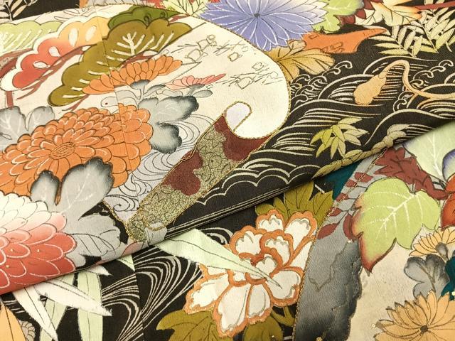 平和屋着物●アンティーク　大正ロマン　黒留袖　刺繍　地紙花文　金糸　金彩　正絹　逸品　AABH4654fy