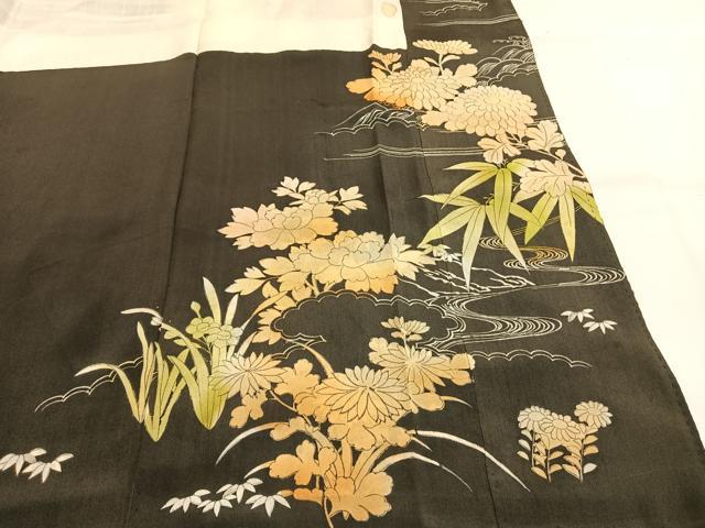 平和屋着物●アンティーク　大正ロマン　黒留袖　刺繍　地紙花文　金糸　金彩　正絹　逸品　AABH4654fy