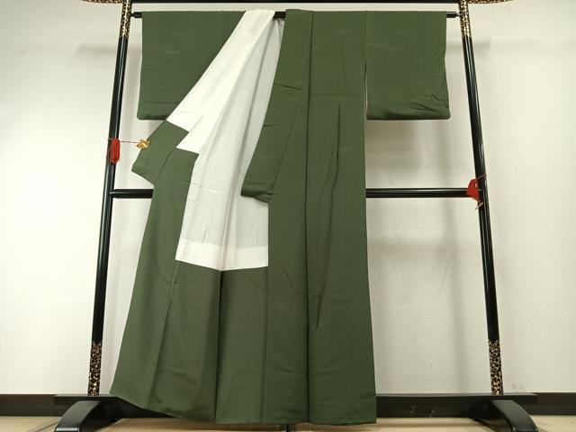平和屋着物●上質な色無地　雪芝地紋　老竹色　正絹　逸品　AABH4666fy