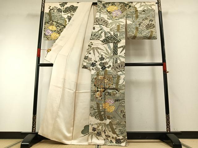 平和屋着物●訪問着　駒刺繍　松竹梅　貝桶扇面花文　金彩　正絹　逸品　AABH4671fy