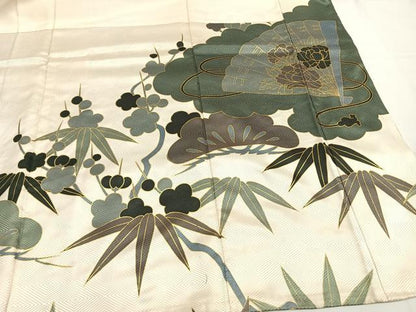 平和屋着物●訪問着　駒刺繍　松竹梅　貝桶扇面花文　金彩　正絹　逸品　AABH4671fy