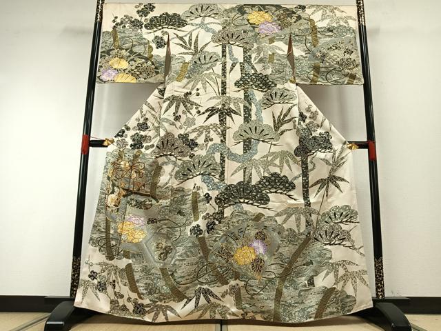 平和屋着物●訪問着　駒刺繍　松竹梅　貝桶扇面花文　金彩　正絹　逸品　AABH4671fy