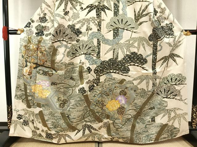 平和屋着物●訪問着　駒刺繍　松竹梅　貝桶扇面花文　金彩　正絹　逸品　AABH4671fy