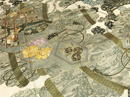 平和屋着物●訪問着　駒刺繍　松竹梅　貝桶扇面花文　金彩　正絹　逸品　AABH4671fy