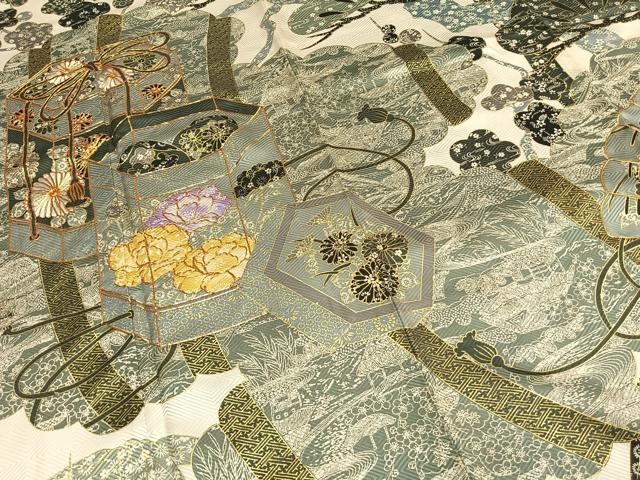 平和屋着物●訪問着　駒刺繍　松竹梅　貝桶扇面花文　金彩　正絹　逸品　AABH4671fy