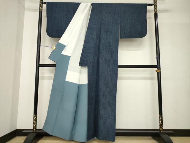 平和屋着物●綿薩摩　東郷織物謹製　手織　160亀甲　實篤　永江明夫(正藍染)　160亀甲　エ霞文　綿　逸品　AABH4599ck