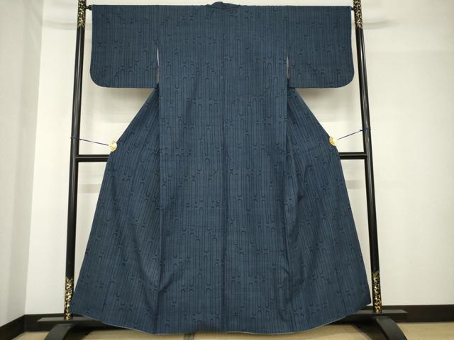 平和屋着物●綿薩摩　東郷織物謹製　手織　160亀甲　實篤　永江明夫(正藍染)　160亀甲　エ霞文　綿　逸品　AABH4599ck