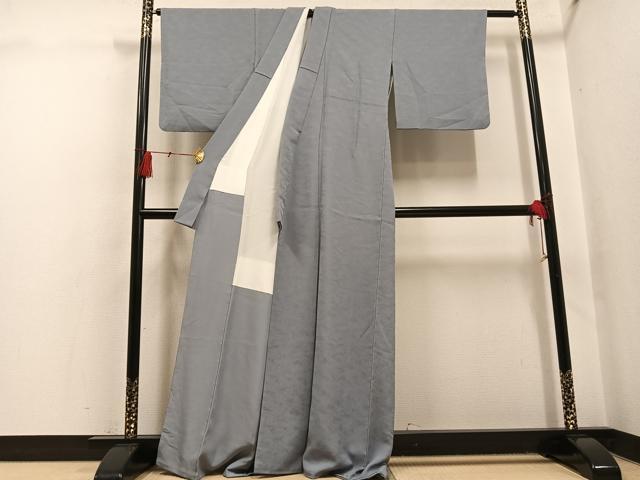 平和屋着物●上質な色無地　幾何学地紋　桔梗鼠色　正絹　逸品　AABH5255ph