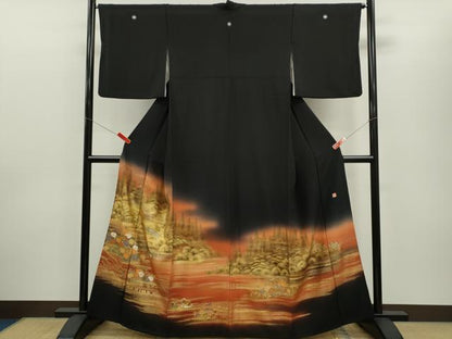 平和屋着物■豪華黒留袖　作家物　鴛鴦風景花文　暈し染め　金彩　正絹　逸品　CABD9931ze