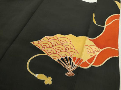 平和屋着物■豪華黒留袖　駒刺繍　扇面吉祥草花文　金彩　正絹　逸品　CABD9941ze