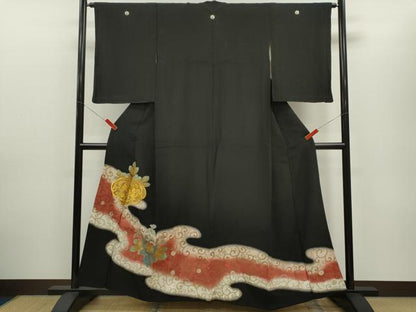 平和屋着物■豪華黒留袖　駒刺繍　桐花唐草文　暈し染め　金銀彩　正絹　逸品　CABD9928ze