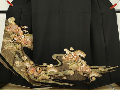 平和屋着物■豪華黒留袖　駒刺繍　松竹梅飛鶴宝尽くし　金彩　正絹　逸品　CABD9933ze