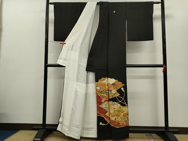 平和屋着物■豪華黒留袖　駒刺繍　扇面吉祥草花文　金彩　正絹　逸品　CABD9941ze