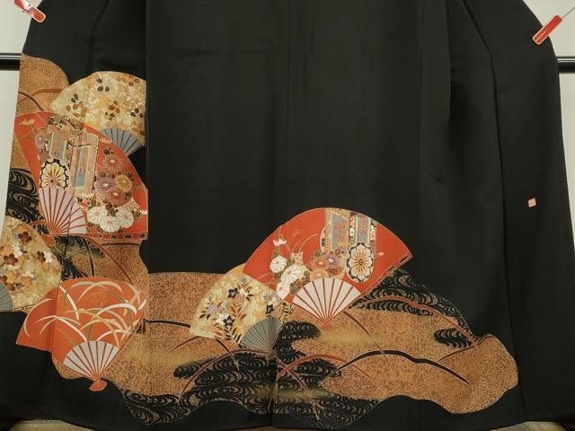平和屋着物■豪華黒留袖　作家物　扇面御所車草花文　金彩　正絹　逸品　CABD9930ze