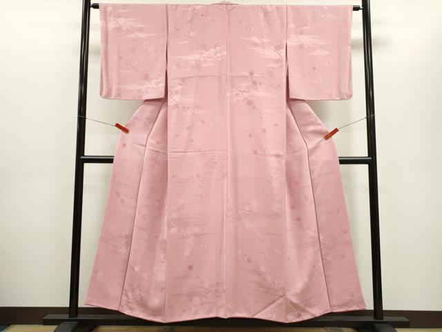 平和屋着物□上質な色無地 地紋起こし 枝梅文 鴇色 正絹 逸品