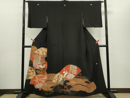 平和屋着物■豪華黒留袖　作家物　扇面御所車草花文　金彩　正絹　逸品　CABD9930ze