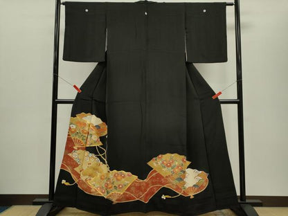 平和屋着物■豪華黒留袖　駒刺繍　扇面吉祥草花文　金彩　正絹　逸品　CABD9941ze