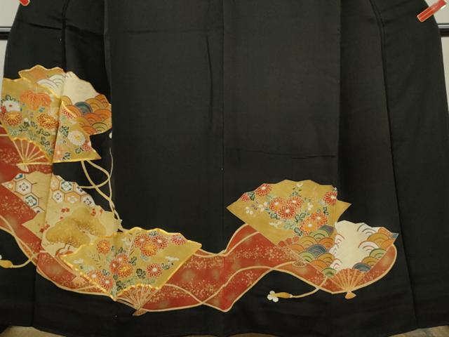 平和屋着物■豪華黒留袖　駒刺繍　扇面吉祥草花文　金彩　正絹　逸品　CABD9941ze