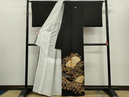 平和屋着物■豪華黒留袖　檜扇草花文　金銀彩　正絹　逸品　CABD9921ze