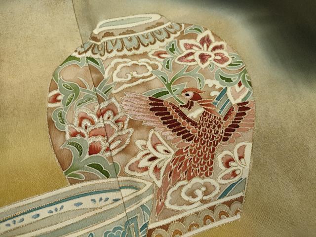 平和屋着物■豪華黒留袖　刺繍　陶器鳳凰更紗花文　暈し染め　金銀彩　正絹　逸品　CABD9932ze