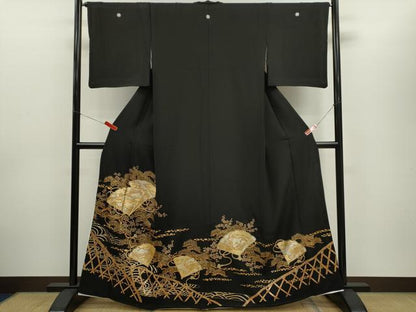 平和屋着物■豪華黒留袖　檜扇草花文　金銀彩　正絹　逸品　CABD9921ze
