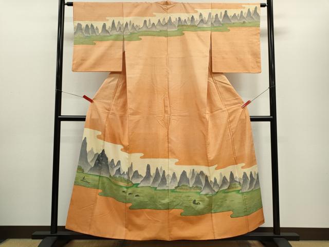 平和屋着物■訪問着　紬地　霞水辺風景文　正絹　逸品　CABD9922ze