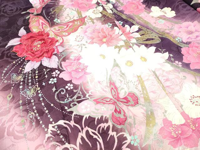 平和屋着物○豪華振袖 舞蝶花文 ラインストーン 暈し染め 金銀