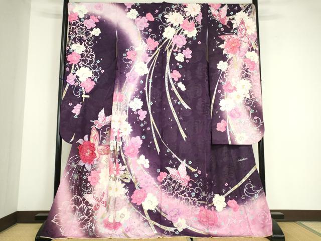 平和屋着物●豪華振袖　舞蝶花文　ラインストーン　暈し染め　金銀彩　銀通し地　正絹　逸品　DABC3941az 平和屋着物○豪華振袖 舞蝶花文 ラインストーン 暈し染め 金銀