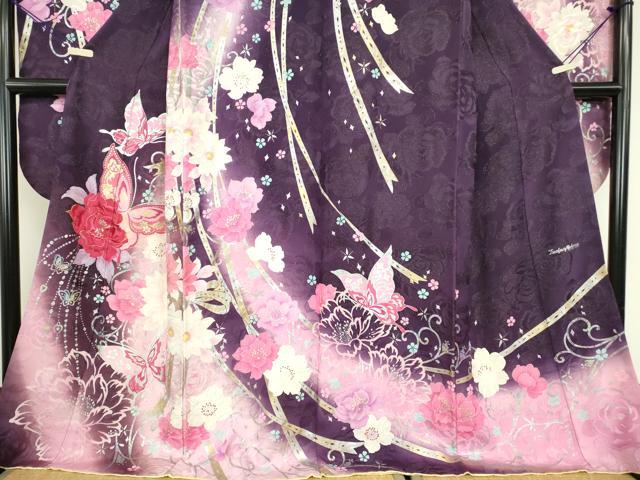 平和屋着物○豪華振袖 舞蝶花文 ラインストーン 暈し染め 金銀