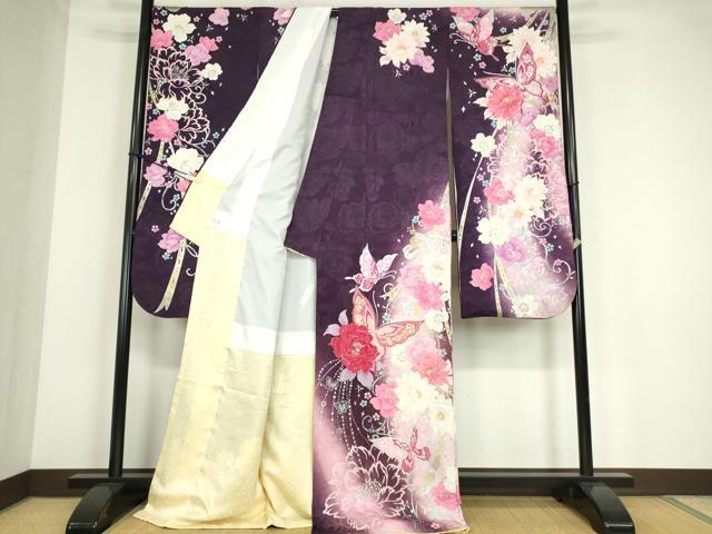 平和屋着物●豪華振袖　舞蝶花文　ラインストーン　暈し染め　金銀彩　銀通し地　正絹　逸品　DABC3941az