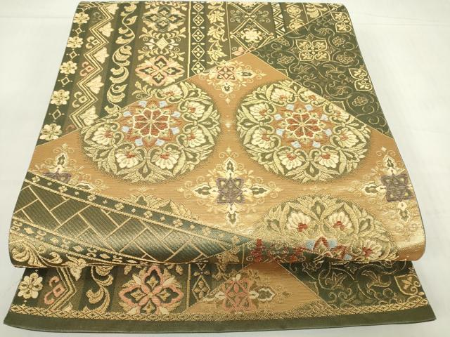 平和屋着物▼六通柄袋帯 正倉院花文 金糸 正絹 逸品 DABC3968az