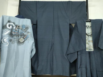 平和屋着物●男性　本場縞大島紬　アンサンブル　長襦袢(袷)セット　絣文　正絹　逸品　DABC3945az