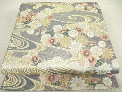 平和屋着物▼六通柄袋帯 流水花文 金銀糸 正絹 逸品 DABC3981az