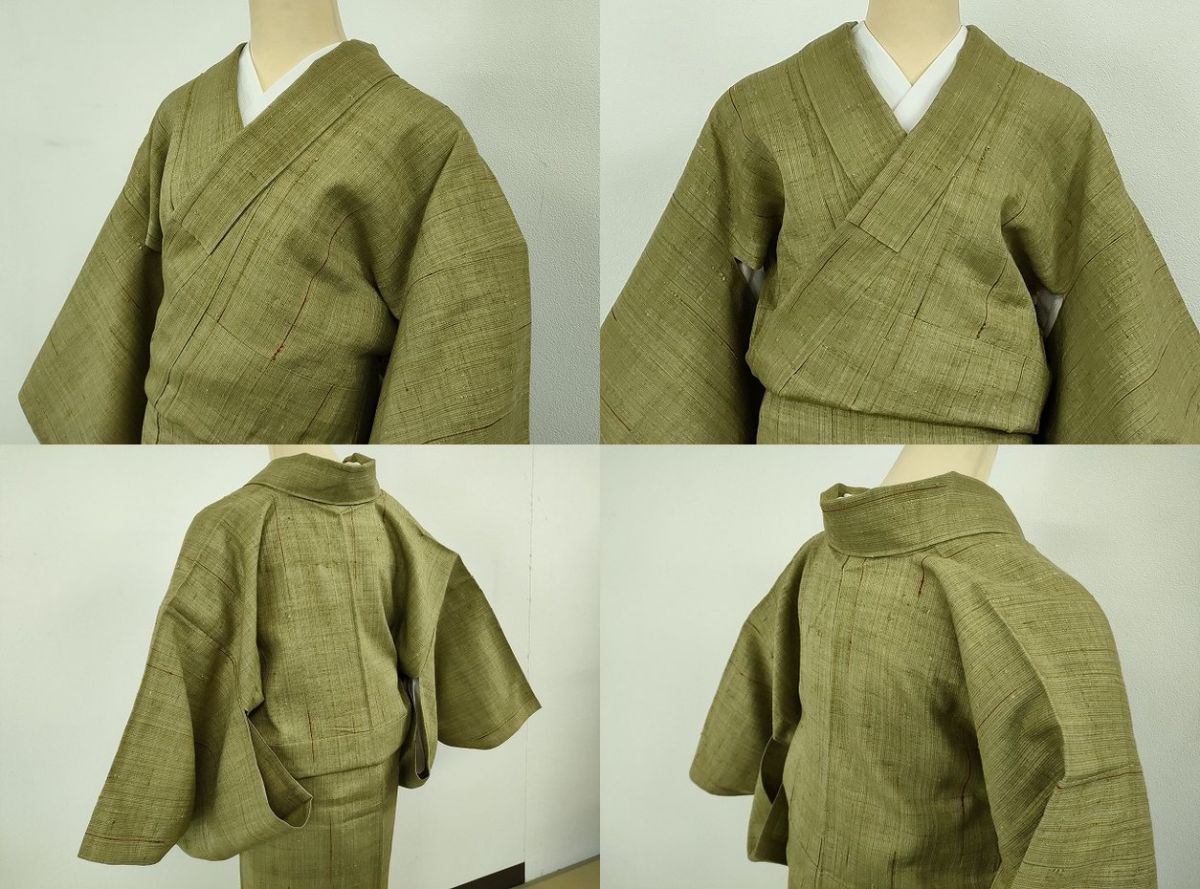 平和屋本店▽極上　浦野理一　経節紬　単衣　柳茶色地　逸品　DZAB1373kh5