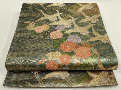 平和屋着物▼六通柄袋帯　飛鶴花文　金糸　正絹　逸品　AABH1681wj