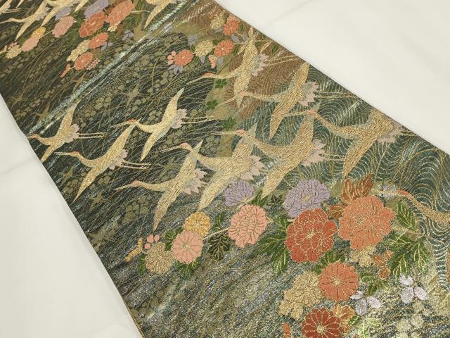 平和屋着物▼六通柄袋帯　飛鶴花文　金糸　正絹　逸品　AABH1681wj