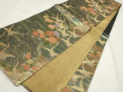 平和屋着物▼六通柄袋帯　飛鶴花文　金糸　正絹　逸品　AABH1681wj