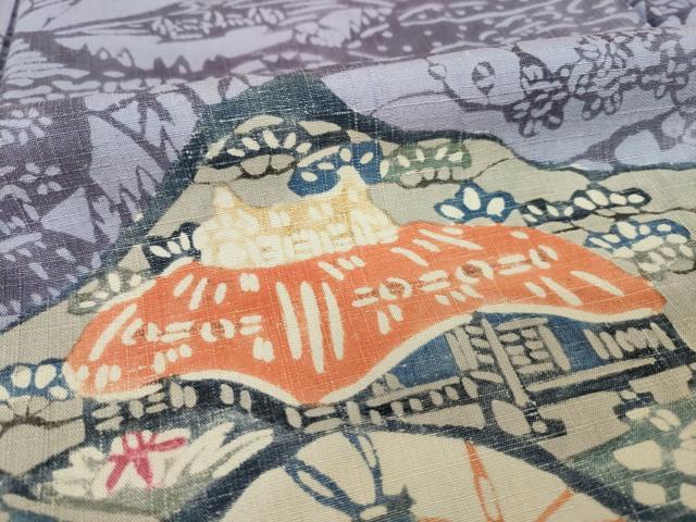 平和屋着物●訪問着　紅型　作家物　紬地　風景文　正絹　逸品　AABH5764ck 平和屋着物○訪問着 紅型 作家物 紬地 風景文 正絹 逸品 AABH5764ck