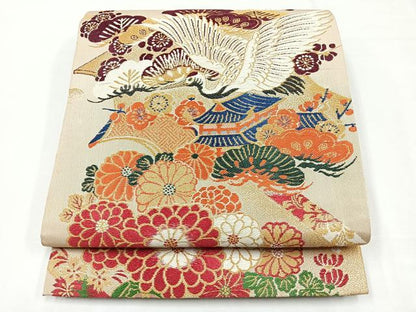 平和屋着物◎アンティーク　大正ロマン　両面　全通柄　丸帯　絵巻飛鶴文　金糸　正絹　逸品　CABE5676nb
