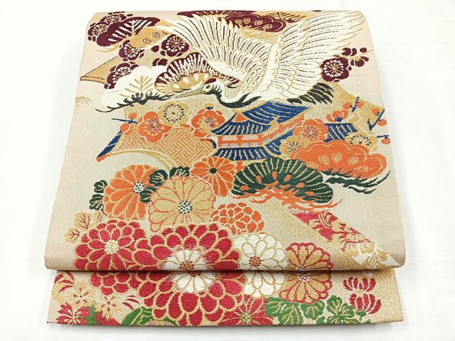 平和屋着物◎アンティーク　大正ロマン　両面　全通柄　丸帯　絵巻飛鶴文　金糸　正絹　逸品　CABE5676nb