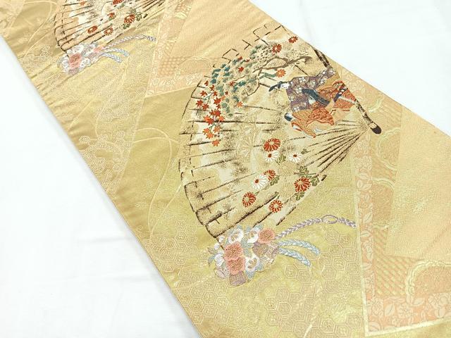 平和屋着物◎六通柄袋帯　彩絵桧扇文　金糸　正絹　逸品　CABE5669nb