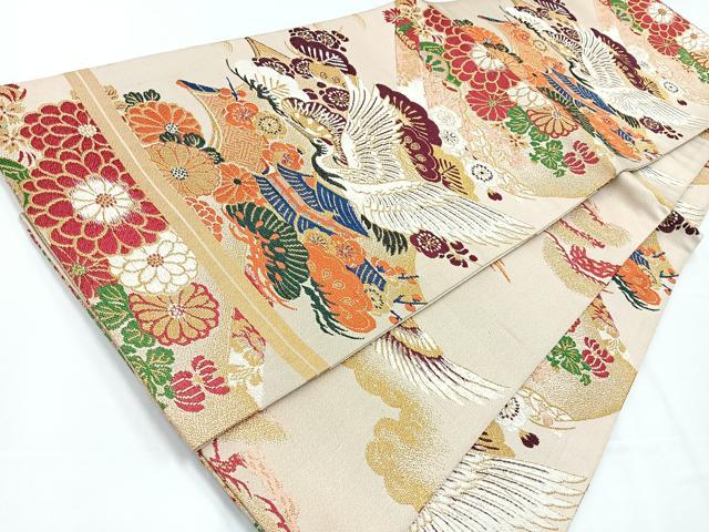 平和屋着物◎アンティーク　大正ロマン　両面　全通柄　丸帯　絵巻飛鶴文　金糸　正絹　逸品　CABE5676nb