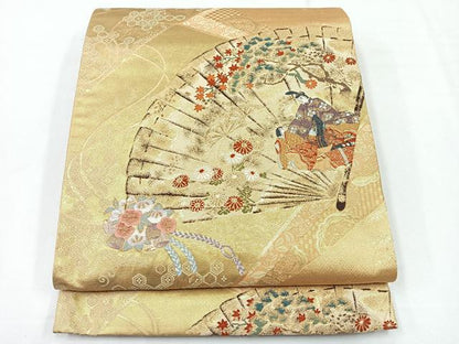 平和屋着物◎六通柄袋帯　彩絵桧扇文　金糸　正絹　逸品　CABE5669nb