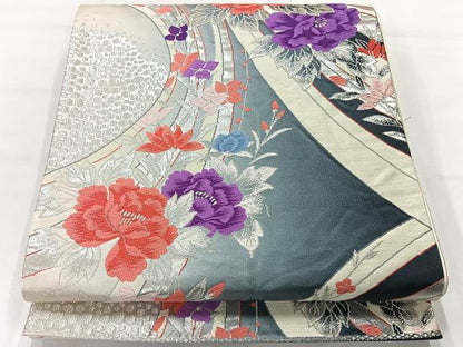 平和屋着物◎六通柄袋帯　唐織　草花文　銀糸　正絹　逸品　AABH5449uk