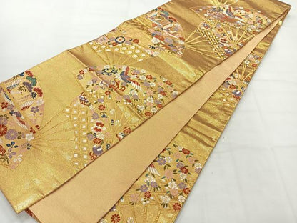 平和屋着物◎佐賀錦　六通柄袋帯　唐織　扇面花鳥文　金糸　正絹　逸品　AABH5453uk