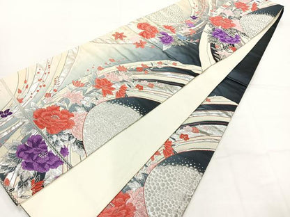 平和屋着物◎六通柄袋帯　唐織　草花文　銀糸　正絹　逸品　AABH5449uk