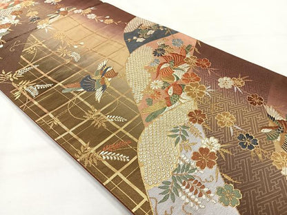 平和屋着物◎六通柄袋帯　唐織　鴛鴦花文　金糸　正絹　逸品　AABH5456uk