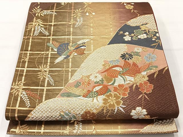 平和屋着物◎六通柄袋帯　唐織　鴛鴦花文　金糸　正絹　逸品　AABH5456uk