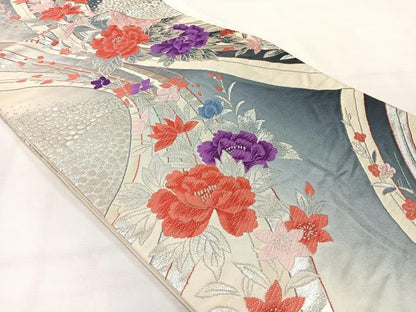 平和屋着物◎六通柄袋帯　唐織　草花文　銀糸　正絹　逸品　AABH5449uk